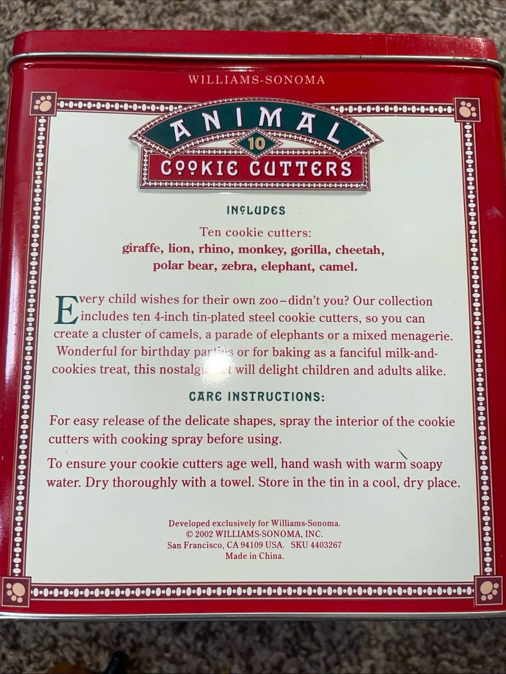 Williams-Sonoma Red Animal Cookie Cutters Tin
